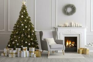 ai gegenereerd modern leven kamer met haard, Kerstmis boom, geschenk dozen en fauteuil. ai gegenereerd foto