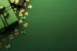 ai gegenereerd st Patrick dag concept. elf van Ierse folklore hoofddeksels geschenk dozen pot met goud munten. ai gegenereerd foto