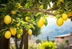 ai gegenereerd citroenen groeit in een zonnig tuin Aan amalfi kust in Italië. ai gegenereerd foto