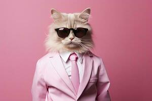 ai gegenereerd een kat is vervelend zonnebril en pak Aan roze achtergrond. ai gegenereerd foto