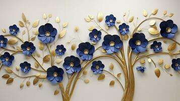 ai gegenereerd elegant goud en Koninklijk blauw bloemen boom met bladeren en bloemen hangende takken illustratie achtergrond. ai gegenereerd. foto