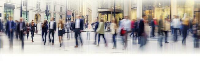 ai gegenereerd wandelen mensen vervagen. veel van mensen wandelen in de stad van Londen. breed panoramisch visie van mensen kruispunt de weg. ai gegenereerd foto