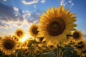 ai gegenereerd zonnebloemen draaien richting de zon in de zacht ochtend- licht. ai gegenereerd foto