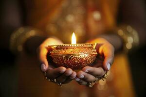ai gegenereerd mooi handen Holding diwali lampen traditioneel. ai gegenereerd. foto