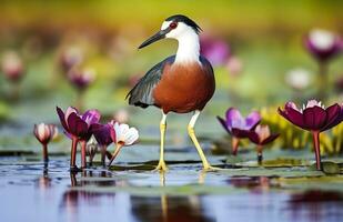 ai gegenereerd kleurrijk Afrikaanse waadvogel met lang tenen De volgende naar paars water lelie in water. generatief ai foto