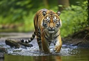 ai gegenereerd amur tijger wandelen in de water. gevaarlijk dier. dier in een groen Woud stroom. generatief ai foto