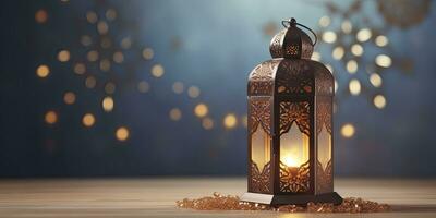 ai gegenereerd viering van Islamitisch eid mubarak en eid al adha lantaarn in een licht achtergrond. ai gegenereerd foto