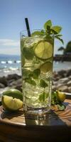 ai gegenereerd verbijsterend foto van cocktail mojito, een zonnig zomer strand in de achtergrond. generatief ai