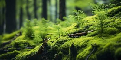 ai gegenereerd groen mos detailopname, met een backdrop van bos. Woud in de nationaal park. ai gegenereerd foto