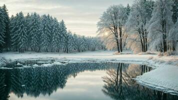 ai gegenereerd de winter reflectie Cadeau een spiegelachtig reflectie van met sneeuw bedekt bomen Aan de glazig oppervlakte van een bevroren meer, creëren een visueel opvallend en symmetrisch samenstelling. foto