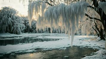 ai gegenereerd verbeelden de ingewikkeld ijs formaties hangende van de takken van een huilen wilg door een bevroren stroom. foto