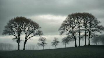 ai gegenereerd detail de contrast tussen de strak silhouetten van bladerloos bomen tegen een bleek, bewolkt winter lucht. foto