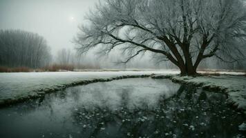 ai gegenereerd onderzoeken de delicaat balans tussen stilte en beweging net zo sneeuwvlokken vallen in de omgeving van een bevroren vijver omringd door oude wilgen. foto