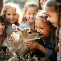ai gegenereerd groep van kinderen verzameld in de omgeving van een baby hert, glimlachen en voorzichtig kinderboerderij haar zacht vacht foto
