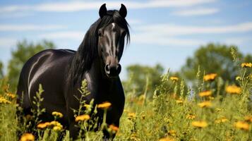 ai gegenereerd een opvallend zwart paard met glanzend jas en doordringend ogen, staand in een veld- van wilde bloemen foto