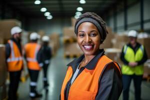 ai gegenereerd portret van glimlachen Afrikaanse Amerikaans vrouw magazijn arbeider staand in magazijn met collega's in achtergrond foto