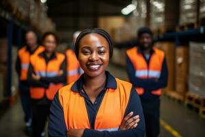 ai gegenereerd portret van glimlachen Afrikaanse Amerikaans vrouw magazijn arbeider staand in magazijn met collega's in achtergrond foto