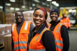 ai gegenereerd portret van glimlachen Afrikaanse Amerikaans vrouw magazijn arbeider staand in magazijn met collega's in achtergrond foto