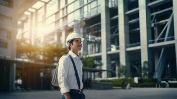 ai gegenereerd portret van Aziatisch ingenieur of architect Aan bouw plaats met gebouw achtergrond foto