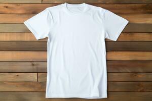 ai gegenereerd wit t-shirt Aan houten achtergrond, top visie. mockup voor ontwerp foto