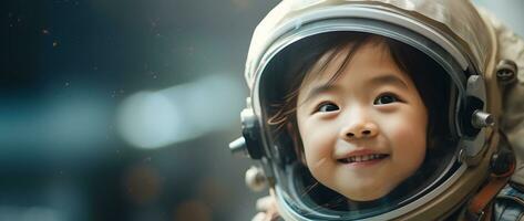ai gegenereerd portret van een schattig Aziatisch weinig meisje vervelend astronaut kostuum en glimlachen in ruimte foto