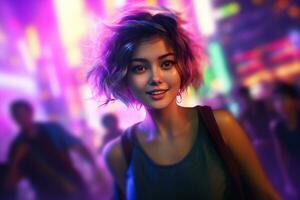 ai gegenereerd portret van jong mooi Aziatisch vrouw dansen in nacht club. foto