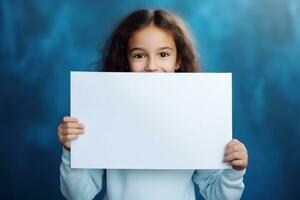 ai gegenereerd schattig weinig meisje Holding blanco wit vel van papier in haar handen foto