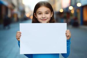 ai gegenereerd schattig weinig meisje Holding blanco wit vel van papier in haar handen foto