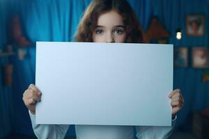 ai gegenereerd schattig weinig meisje Holding blanco wit vel van papier in haar handen foto