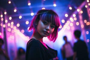 ai gegenereerd portret van jong mooi Aziatisch vrouw dansen in nacht club. foto