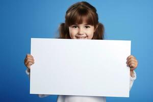 ai gegenereerd schattig weinig meisje Holding blanco wit vel van papier in haar handen foto