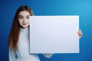 ai gegenereerd schattig weinig meisje Holding blanco wit vel van papier in haar handen foto