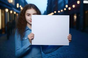 ai gegenereerd schattig weinig meisje Holding blanco wit vel van papier in haar handen foto