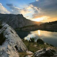 ai gegenereerd natuur foto van zonsondergang over- de top van berg meer