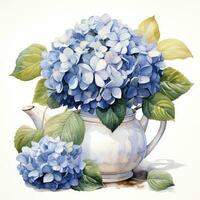 ai gegenereerd waterverf hortensia's in theepot geïsoleerd Aan wit achtergrond. ai gegenereerd foto