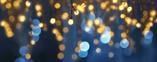 ai gegenereerd vakantie verlichting en decoratie concept, Kerstmis slinger bokeh lichten over- donker blauw achtergrond. ai gegenereerd foto