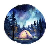 ai gegenereerd een camping tent in de Woud met nacht lucht, waterverf voor t-shirt ontwerp. ai gegenereerd foto