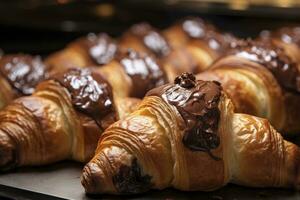 ai gegenereerd chocola croissants in bakkerij. ai gegenereerd. foto