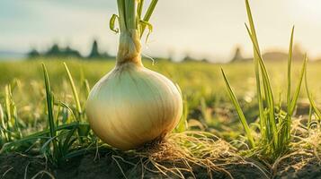 ai gegenereerd vers knoflook Aan de veld- met licht blootstelling ai generatief foto