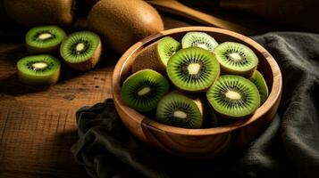 ai gegenereerd kiwi fruit Aan de houten kom met licht blootstelling ai generatief foto