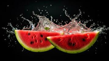 ai gegenereerd portret watermeloen plakjes met water plons ai generatief foto
