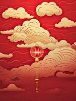 ai gegenereerd rood Chinese lantaarn met wolken Aan de rood achtergrond foto