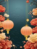 ai gegenereerd portret Chinese lantaarn met bloem Aan de blauw achtergrond ai generatief foto