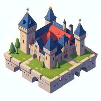ai gegenereerd isometrische 3d middeleeuws kasteel gebouw icoon klem kunst sticker decoratie gemakkelijk achtergrond foto