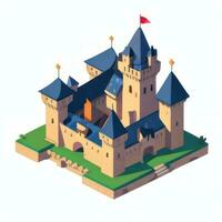 ai gegenereerd isometrische 3d middeleeuws kasteel gebouw icoon klem kunst sticker decoratie gemakkelijk achtergrond foto