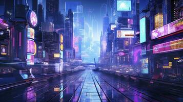 ai gegenereerd een futuristisch, cyberpunk geïnspireerd stadsgezicht Bij nacht. ai gegenereerd foto