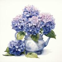 ai gegenereerd waterverf hortensia's in theepot geïsoleerd Aan wit achtergrond. ai gegenereerd foto