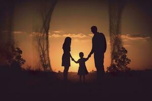 ai gegenereerd schaduw van gelukkig familie samen, ouders met hun weinig baby Bij zonsondergang. een silhouet van liefde en eenheid. ai generatief foto