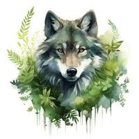 ai gegenereerd wolf dier in groen voor kinderen emotioneel aquarellen. ai gegenereerd foto