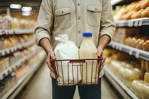 ai gegenereerd Mens Holding boodschappen doen mand met brood en melk boodschappen in supermarkt. ai gegenereerd foto